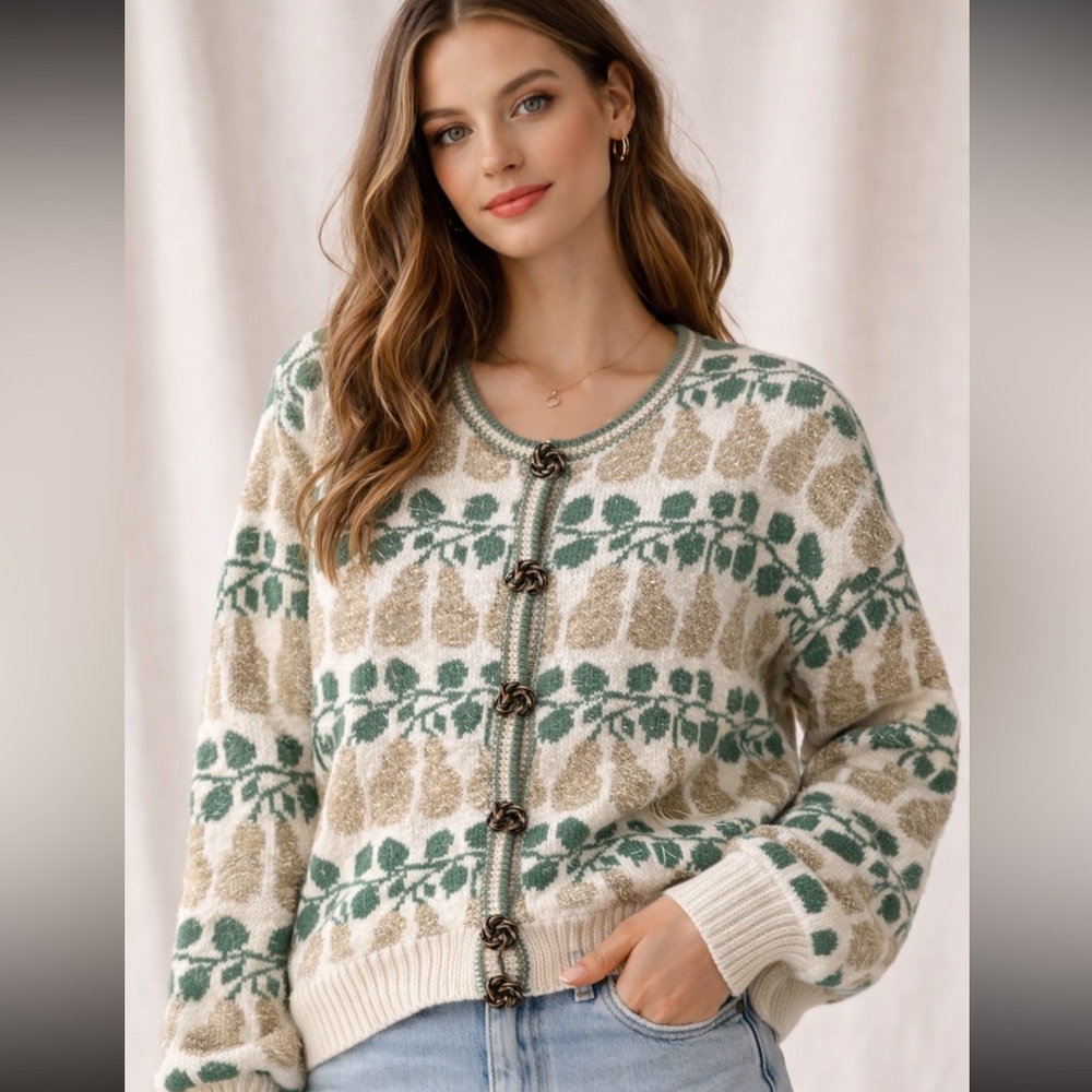 Hand knit Dia north of Boston pears cardigan sweater NWT XL  grandma Y2K